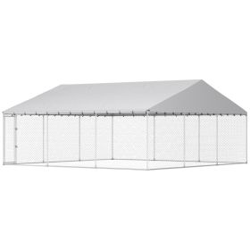 Heavy Duty Outdoor Dog Kennel with Waterproof Roof, Secure Latch, Chain Link Dog Run for Backyard, 19.7' x 19.7' x 8.9' (Option: Silver-1600x275x275 mm)